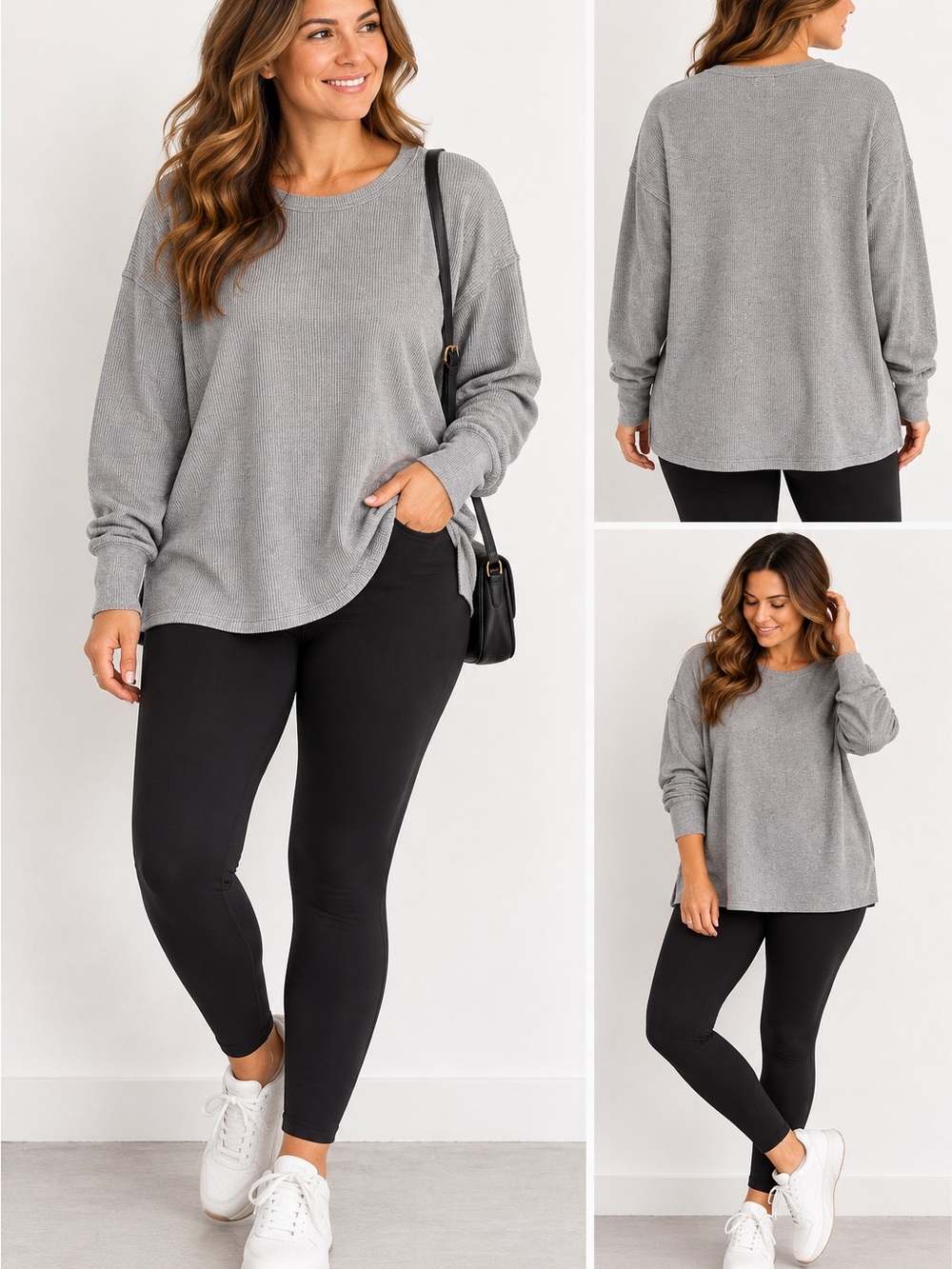 Lucky Brand Gray Waffle-Knit Long Sleeve Top
